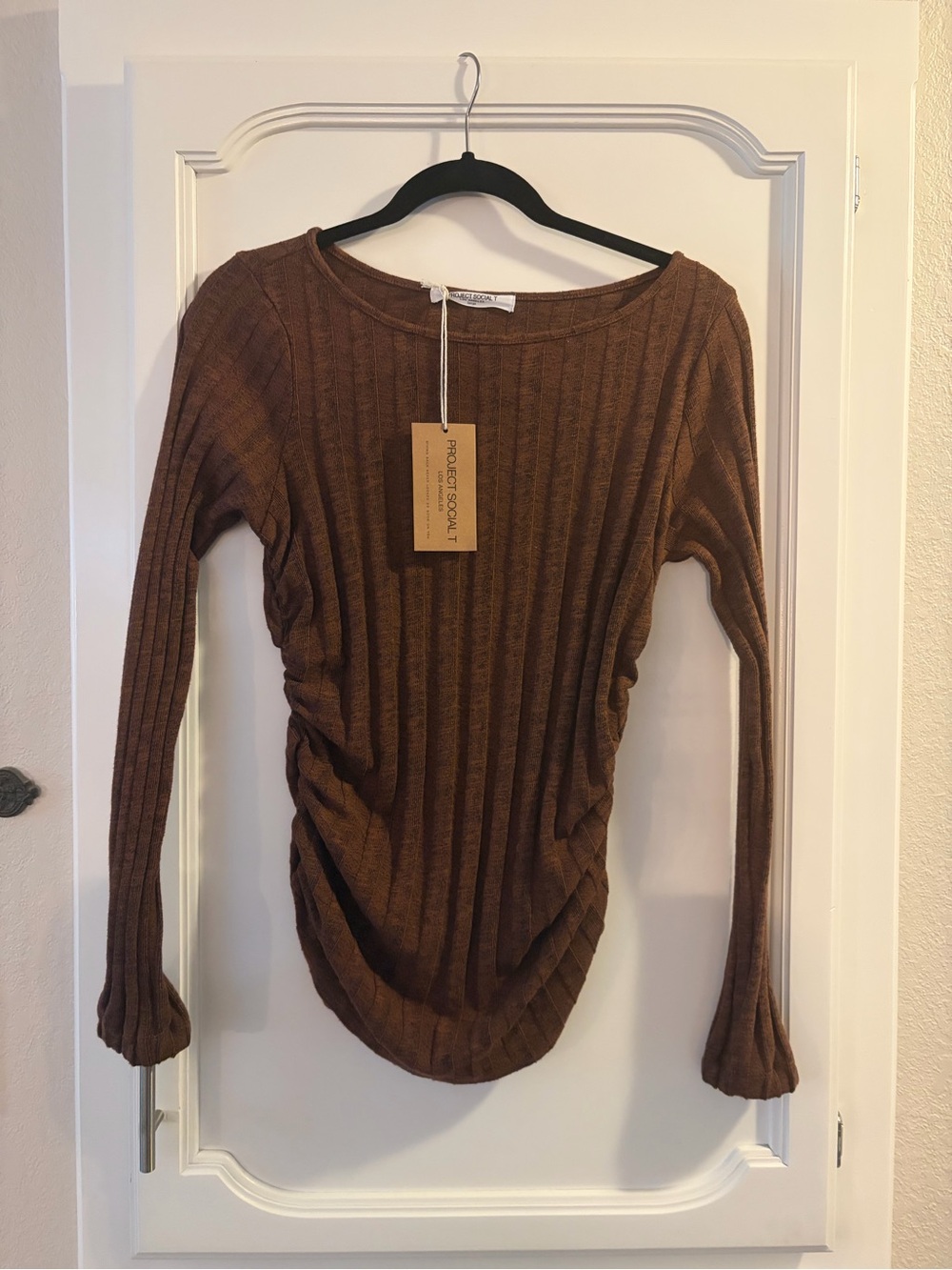 Project Social T Brown Ribbed Long-Sleeve Top